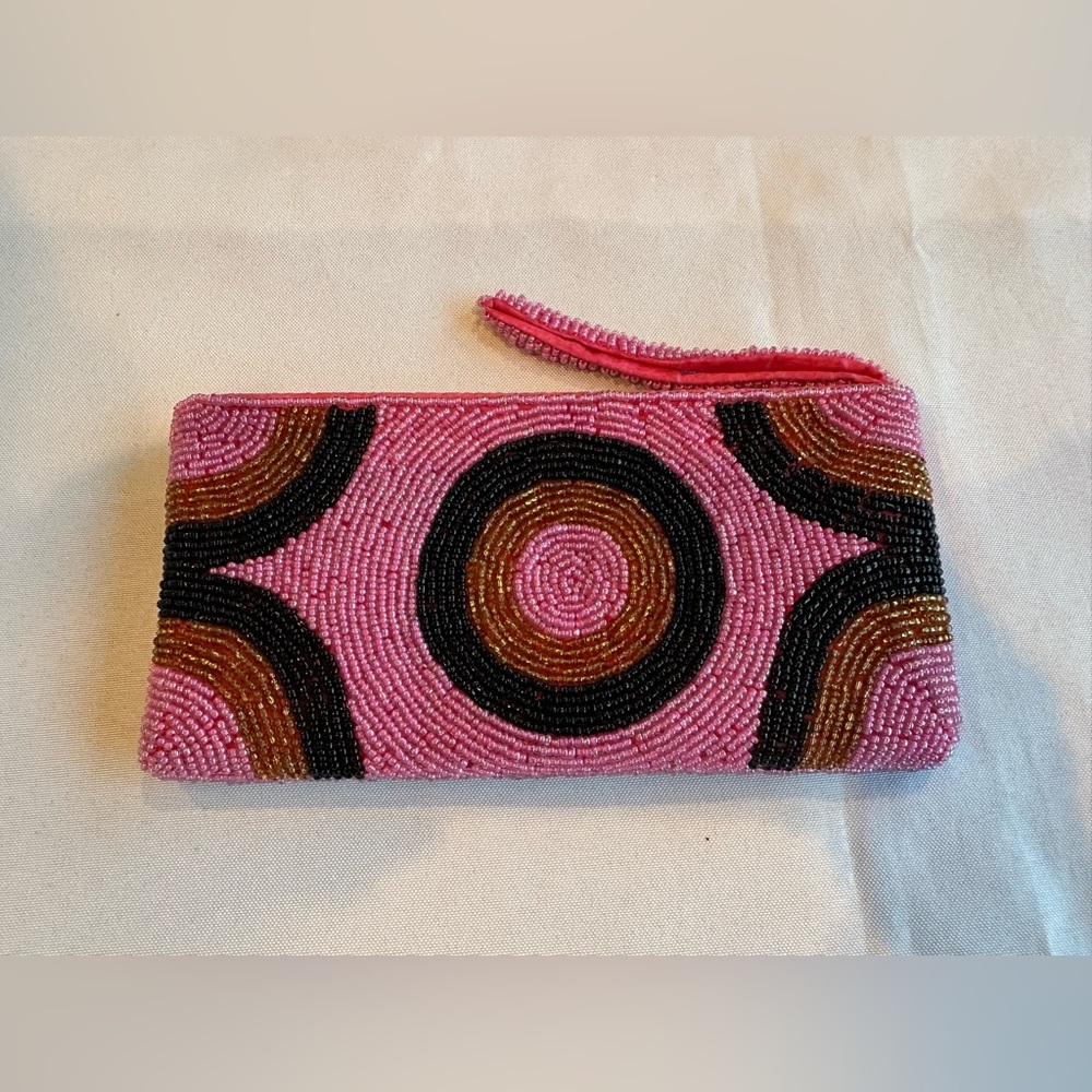 Love Belize Pink Fully Beaded Clutch Wristlet 8”x4”